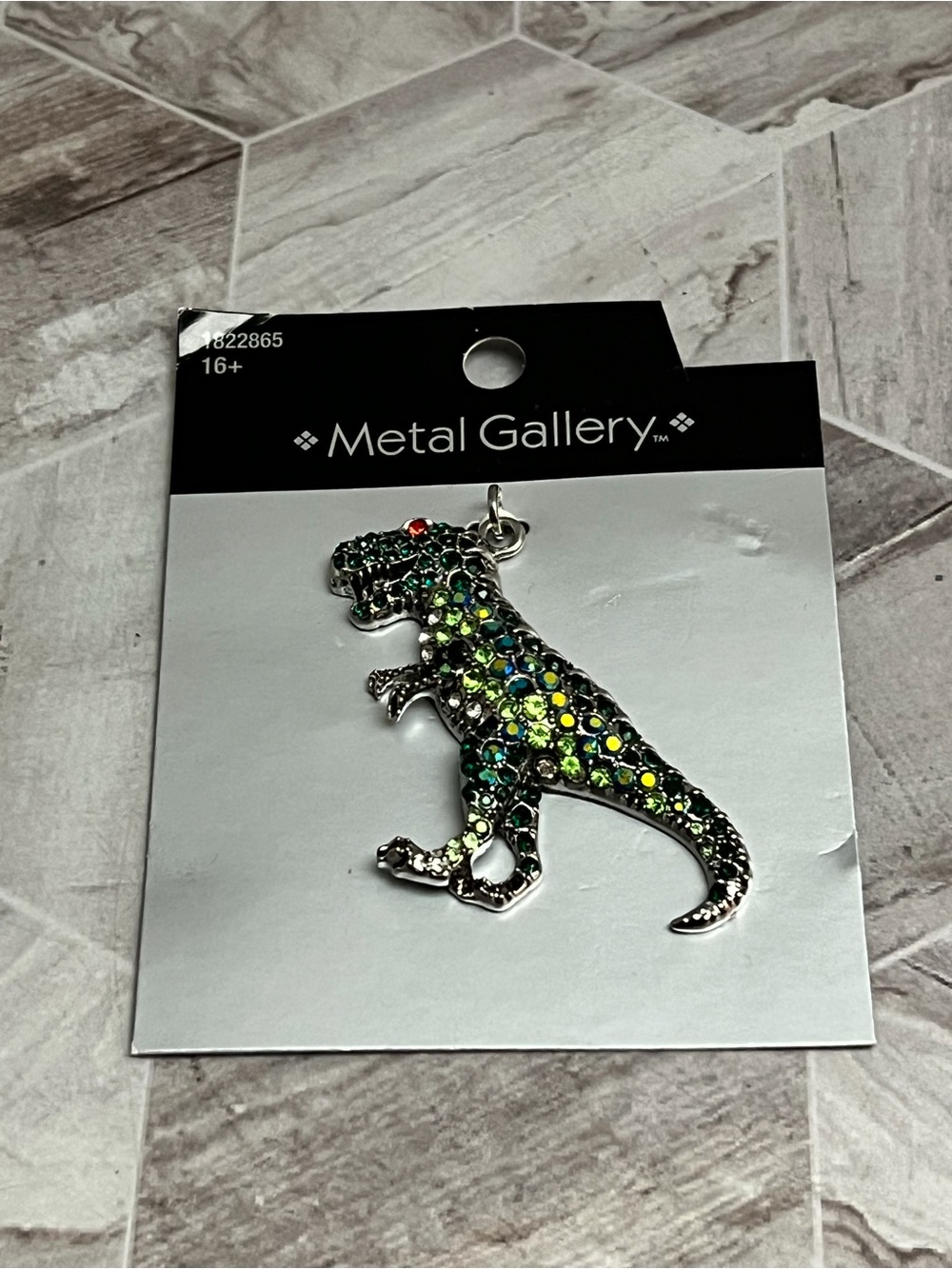 Metal Gallery Rhinestone T-Rex Dinosaur Pendant Charm Green Crystal Jewelry NWT